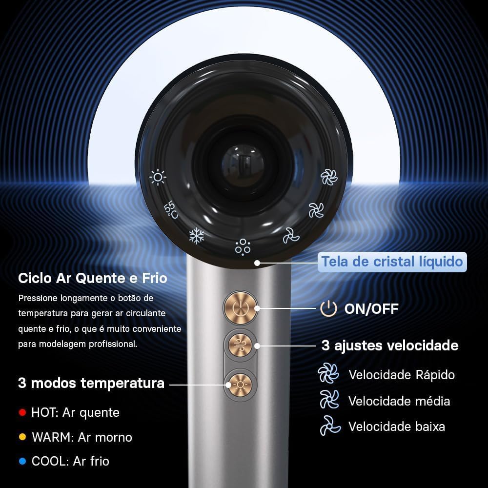 Secador de Cabelo Profissional ROMANTIC CROWN 1500W, Cinza, Baixo Ruído, Íons Negativos, Portátil, 127v/20A - Image 6