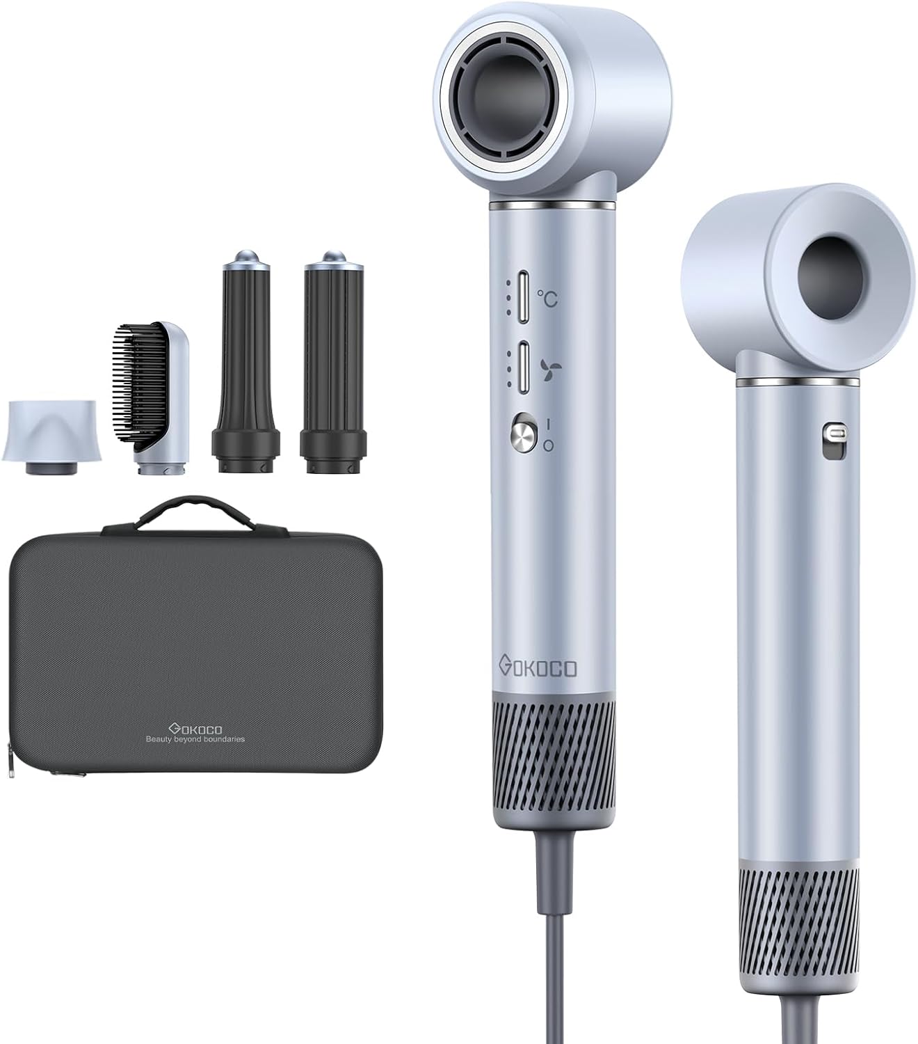 GOKOCO Secador de Cabelo 5 em 1 Conjunto, Escova Secadora 1400W, Kit Modelador Liso e Cacheado com Bocal Magnético 220V, Prata