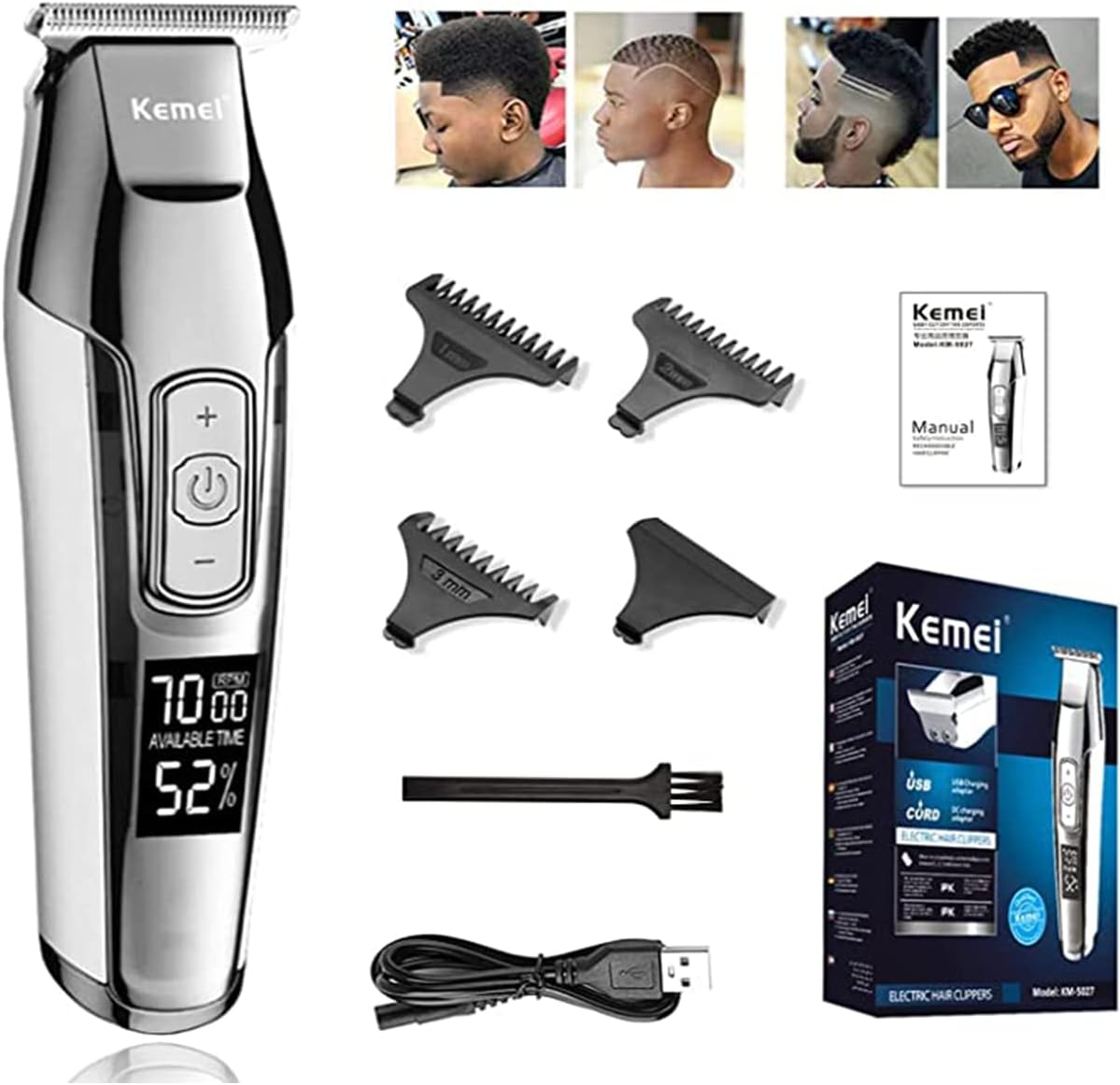 KEMEI XSH-5027 Aparador de cabelo masculino sem fio, recarregável por USB, Prata - Image 2