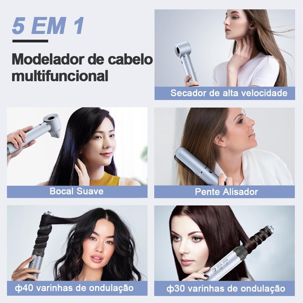 GOKOCO Secador de Cabelo 5 em 1 Conjunto, Escova Secadora 1400W, Kit Modelador Liso e Cacheado com Bocal Magnético 220V, Prata - Image 2