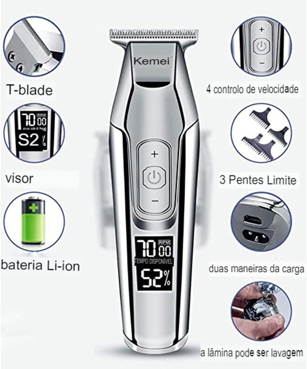 KEMEI XSH-5027 Aparador de cabelo masculino sem fio, recarregável por USB, Prata - Image 6