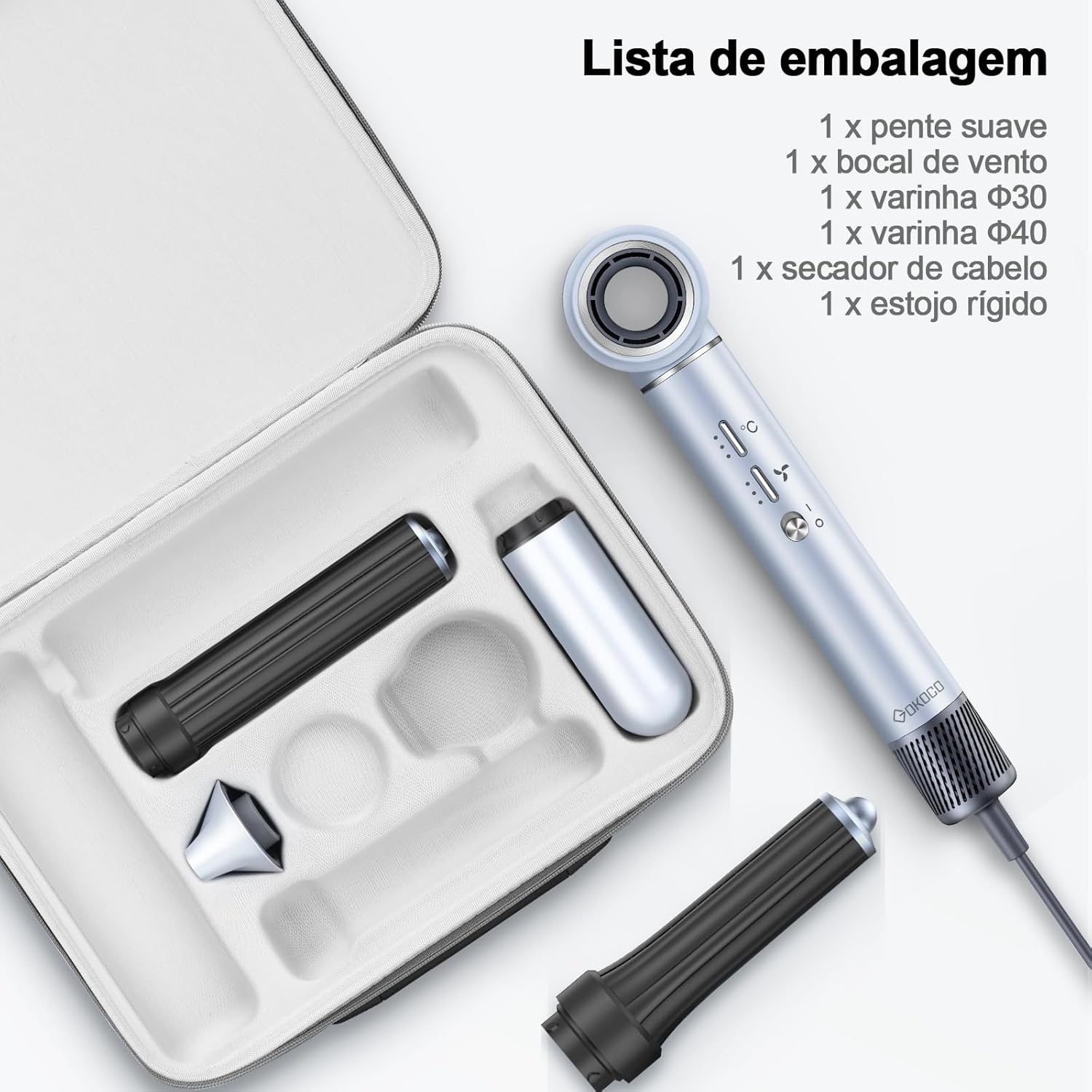 GOKOCO Secador de Cabelo 5 em 1 Conjunto, Escova Secadora 1400W, Kit Modelador Liso e Cacheado com Bocal Magnético 220V, Prata - Image 7