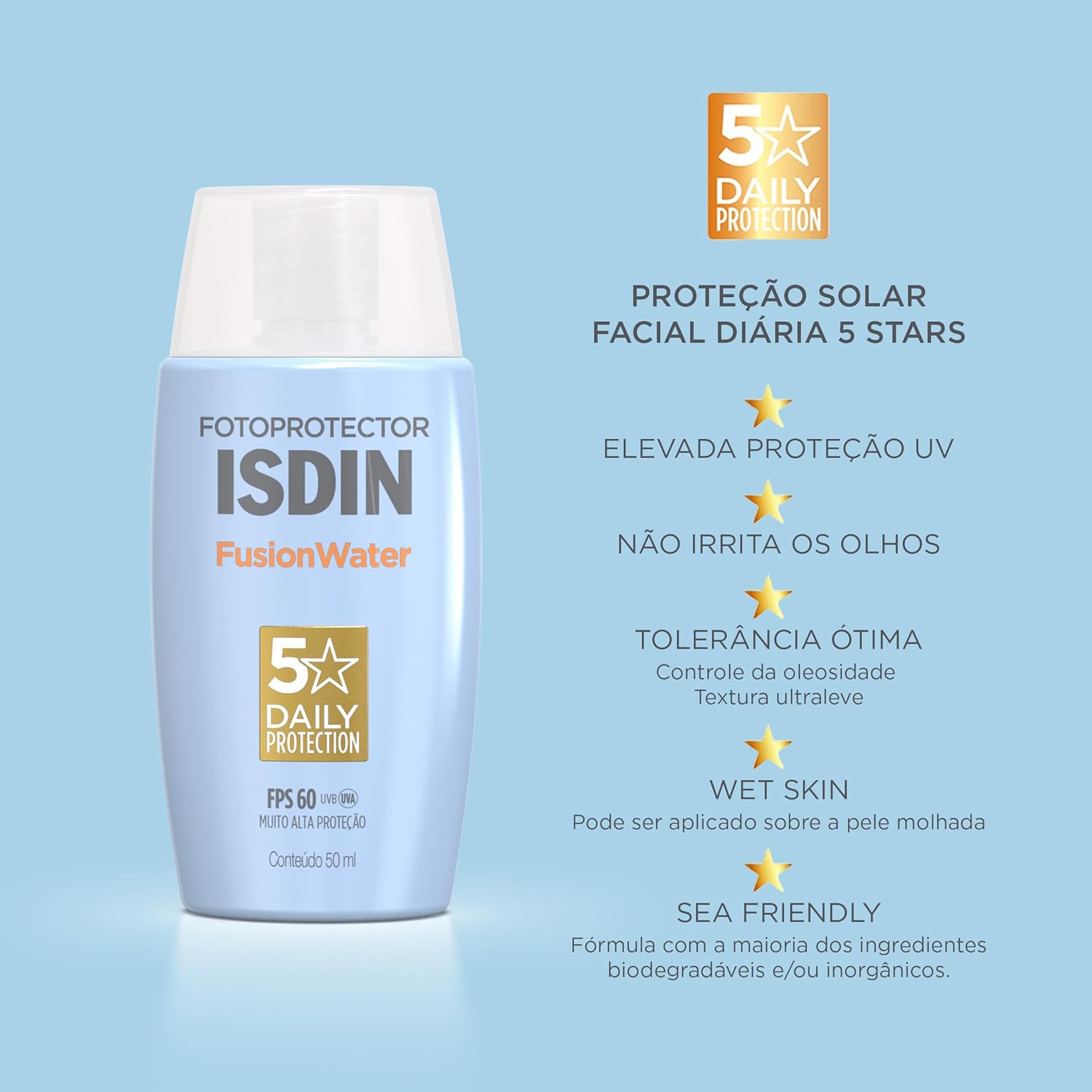 ISDIN Protetor Solar Facial Fusion Water 5 Stars Sem Cor FPS 60-50ml - Image 7