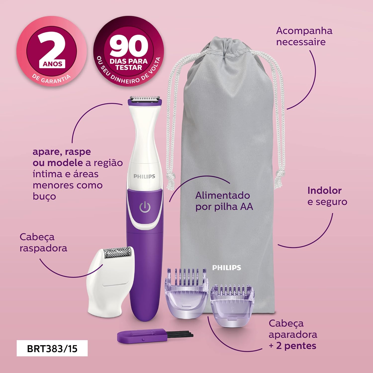 Aparador Elétrico Feminino Philips Essencial BRT383/15 para Pelos Íntimos - Image 3